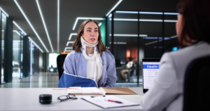 A woman with a neck brace and arm sling discusses her injury during an office consultation.